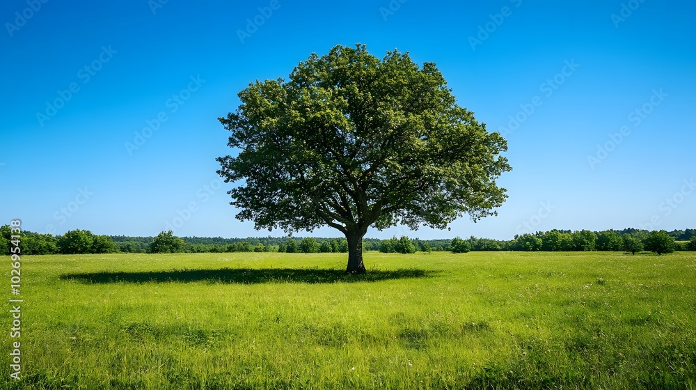 A majestic oak tree standing alone in a vast green field under a clear blue sky A majestic oak tree standing alone in a vast green field under a clear blue sky