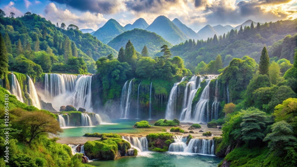 Obraz premium Chinese landscape scene featuring cascading waterfalls, lush pine trees, and serene rolling hills