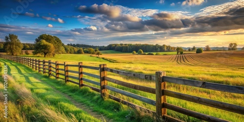 Field enclosed by wooden fence in rural setting, fence, field, rural, countryside, farm, agriculture, outdoor, boundary