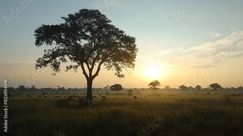 A tree in a savanna, silhouetted against the rising sun with wildlife grazing nearby