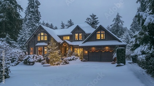 Charming Winter Home Embraced by Snow and Festive Lights in a Serene Landscape