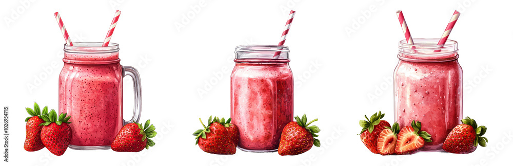 Refreshing Strawberry Smoothies in Jar Containers Isolated on Transparent Background Refreshing Strawberry Smoothies in Jar Containers Isolated on Transparent Background