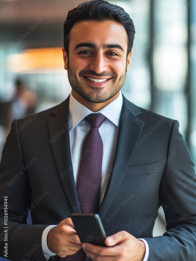 A well-groomed Middle Eastern businessman smiling warmly, holding a phone, appearing approachable and professional in a corporate setting. A well-groomed Middle Eastern businessman smiling warmly, holding a phone, appearing approachable and professional in a corporate setting.