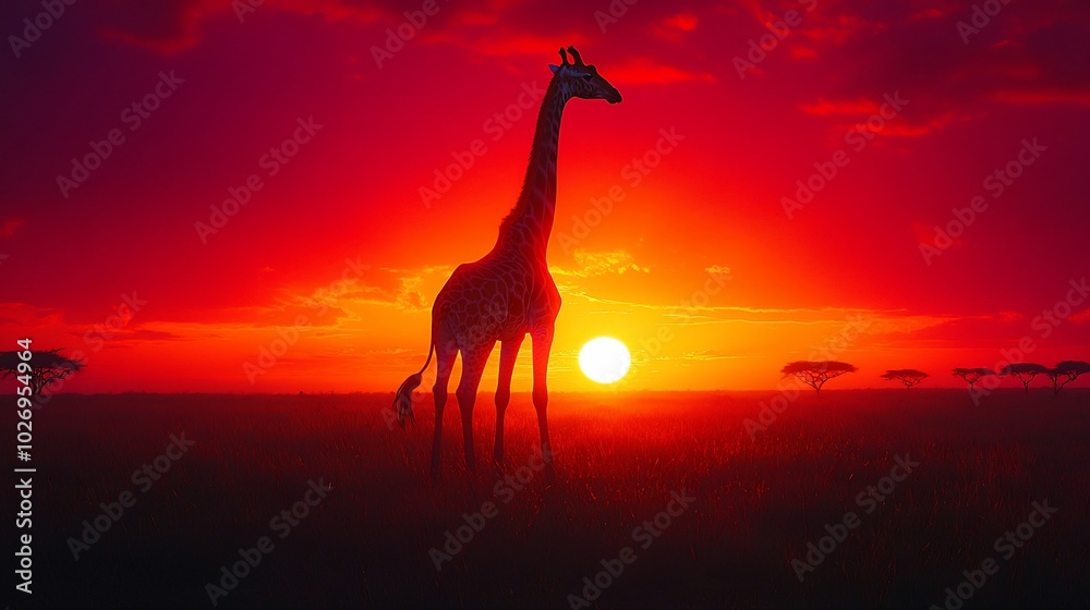 A lone giraffe stands silhouetted against a fiery sunset in the African savanna. A lone giraffe stands silhouetted against a fiery sunset in the African savanna.