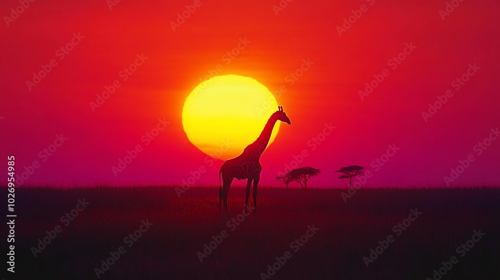 A lone giraffe stands silhouetted against a vibrant sunset in the African savanna. A lone giraffe stands silhouetted against a vibrant sunset in the African savanna.
