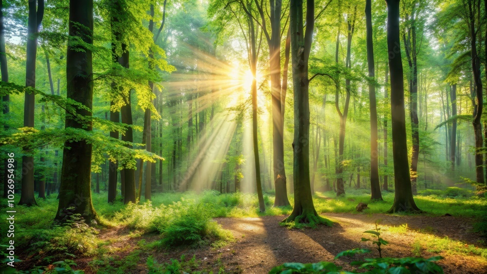 Naklejka premium A blurred background of a serene forest setting with soft sunlight filtering through the leaves, forest, trees, nature