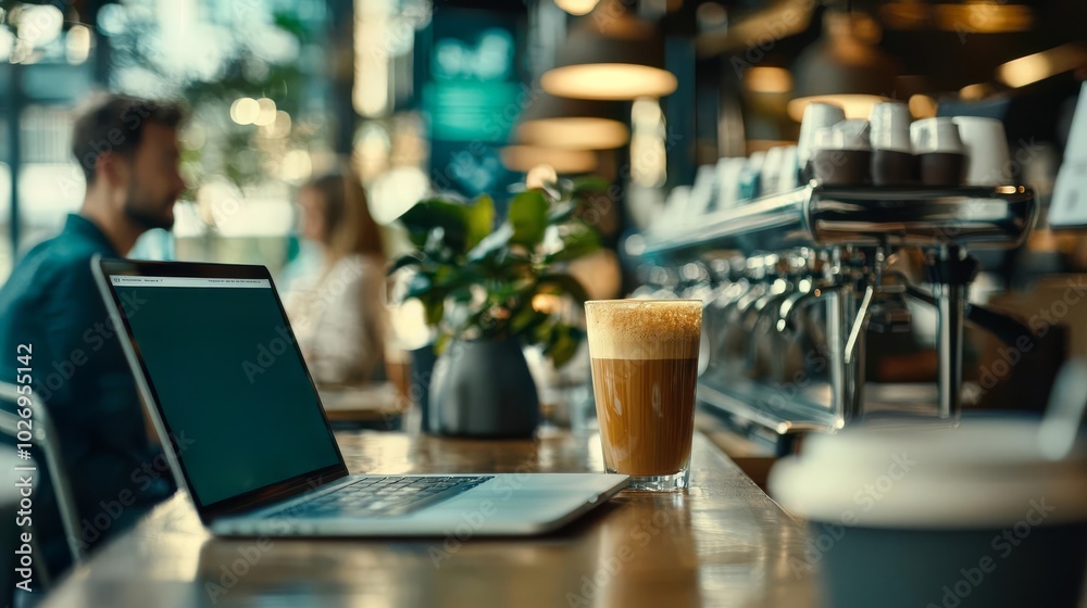 Cozy cafe scene with laptop, latte, and green plant on wooden table. Cozy cafe scene with laptop, latte, and green plant on wooden table.