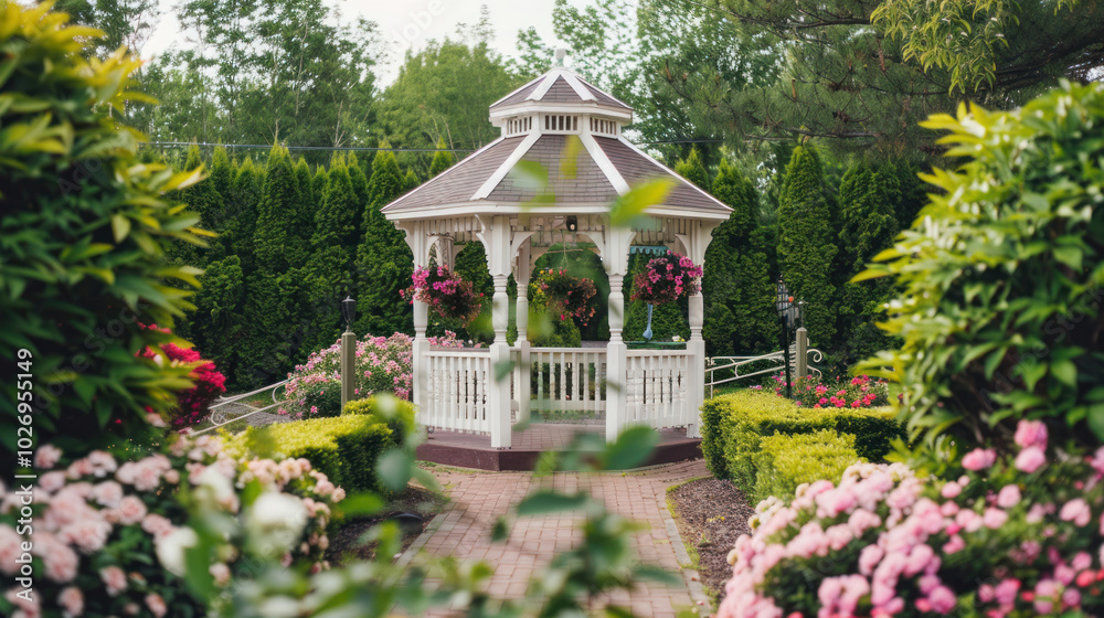 A garden wedding venue with blooming flowers, green hedges, and a romantic white gazebo for the ceremony. A garden wedding venue with blooming flowers, green hedges, and a romantic white gazebo for the ceremony.