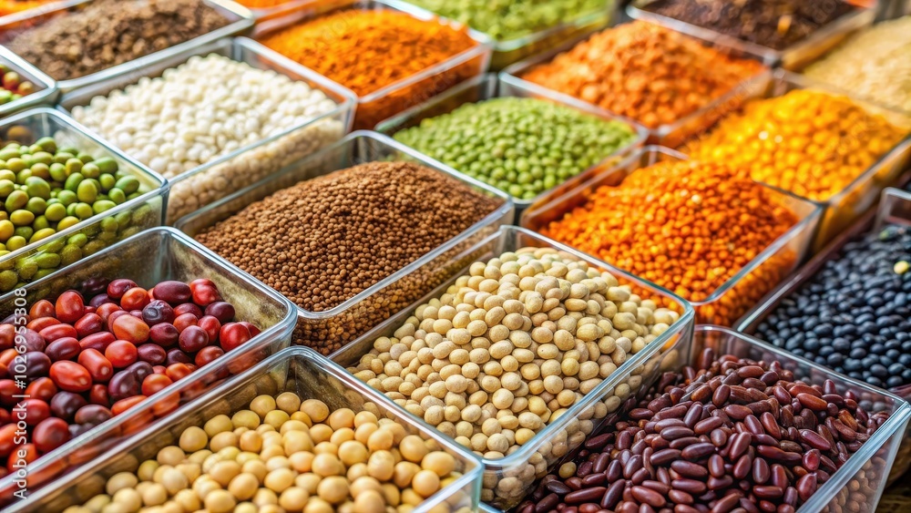 Closeup of various legume seeds on display at a retail store, legumes, seeds, food, healthy, organic, market Closeup of various legume seeds on display at a retail store, legumes, seeds, food, healthy, organic, market