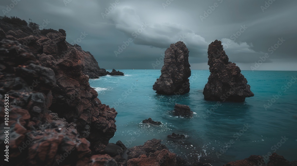 Fototapeta premium Two Tall Sea Stacks Stand in the Water Under Dark Clouds