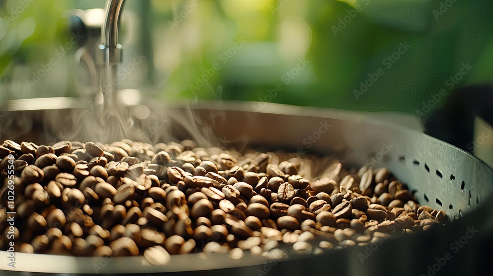 Freshly roasted coffee beans steaming in a metal roaster. Freshly roasted coffee beans steaming in a metal roaster.