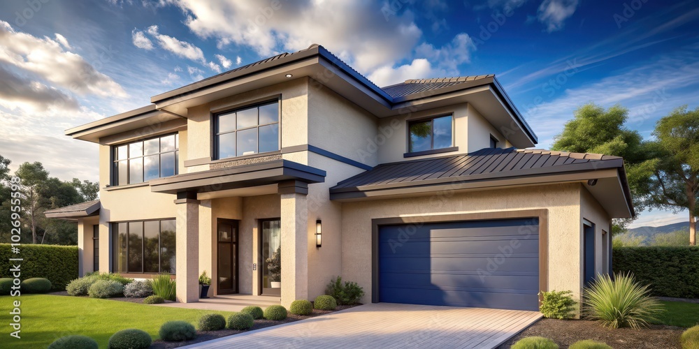 Contemporary home with soft ecru walls, sapphire trim, under a sunny sky , home, contemporary, ecru, sapphire, trim, sunny Contemporary home with soft ecru walls, sapphire trim, under a sunny sky , home, contemporary, ecru, sapphire, trim, sunny