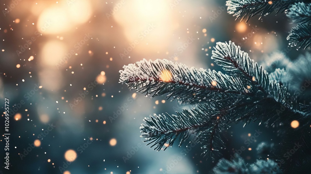 Serene Winter Scene: Frosted Evergreen Branches with Snowflakes and Soft Bokeh Lights Serene Winter Scene: Frosted Evergreen Branches with Snowflakes and Soft Bokeh Lights