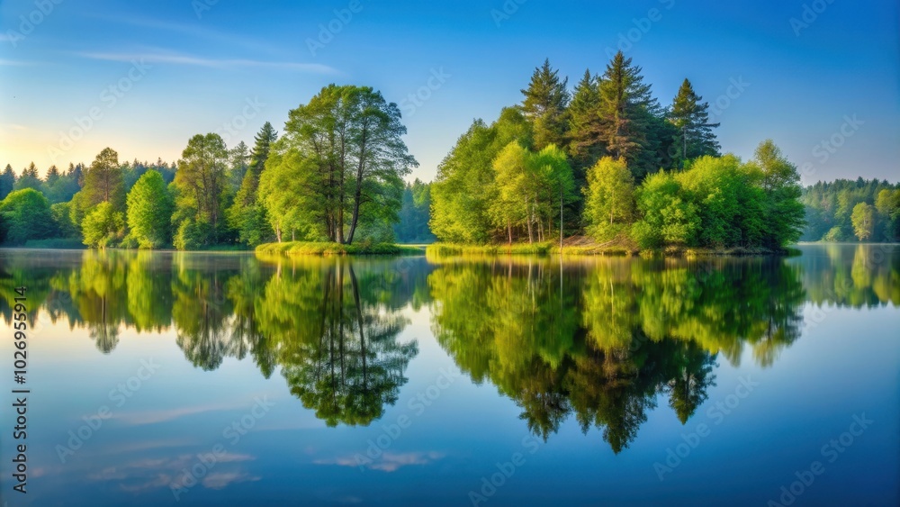 Fototapeta premium Reflection of trees in a calm lake , nature, trees, reflection, water, lake, serene, peaceful, landscape, outdoors, tranquil
