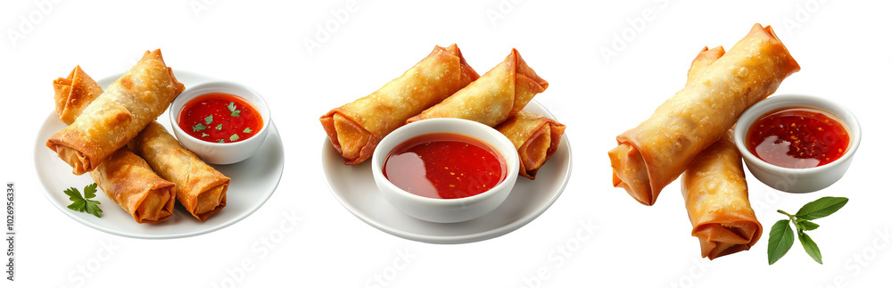 Fresh Spring Rolls with Dipping Sauce on White Plate Isolated on Transparent Background Fresh Spring Rolls with Dipping Sauce on White Plate Isolated on Transparent Background