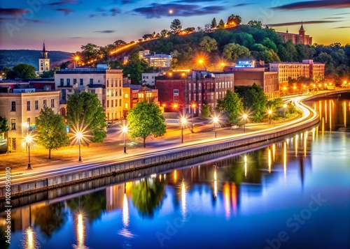 Long Exposure of Downtown Stillwater MN at Night with Reflections and Light Trails photo