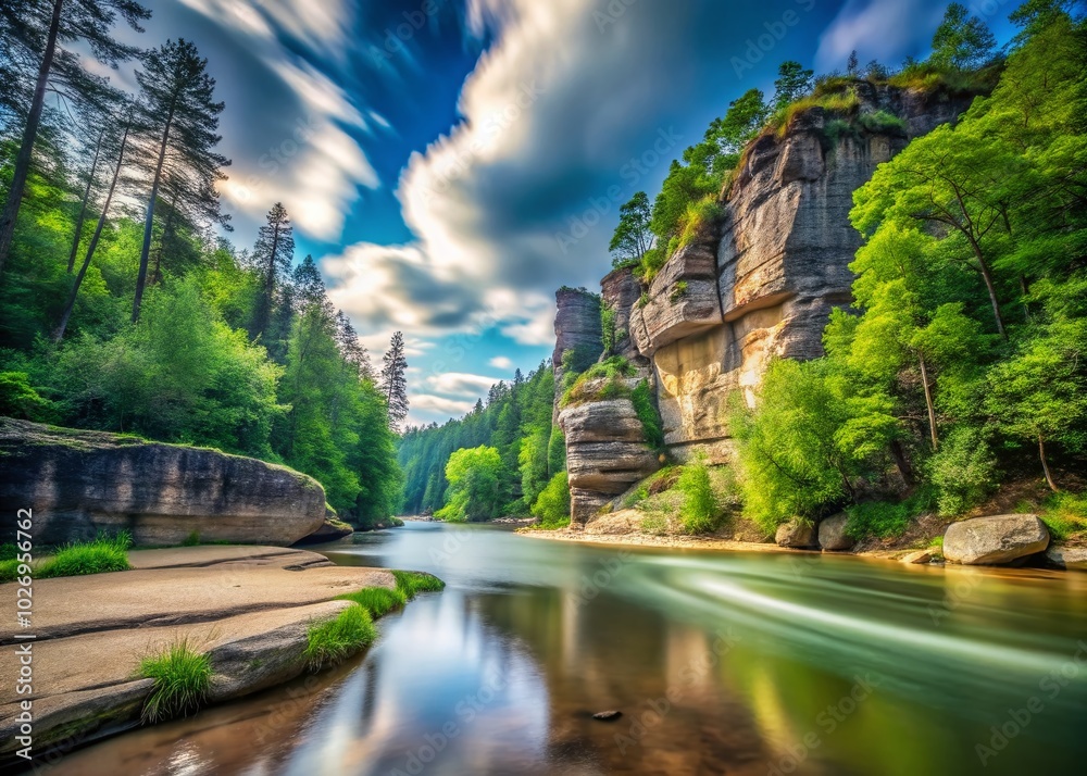 Fototapeta premium Long Exposure of Rocky Cliffside with Trees and Sandy Trail on a Summer Day