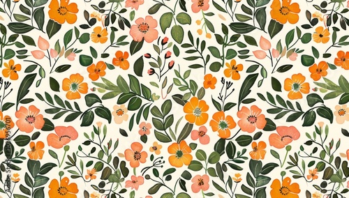 Vintage floral pattern illustration. Colorful organic nature design in seamless style. Spring season decoration with abstract flower art.