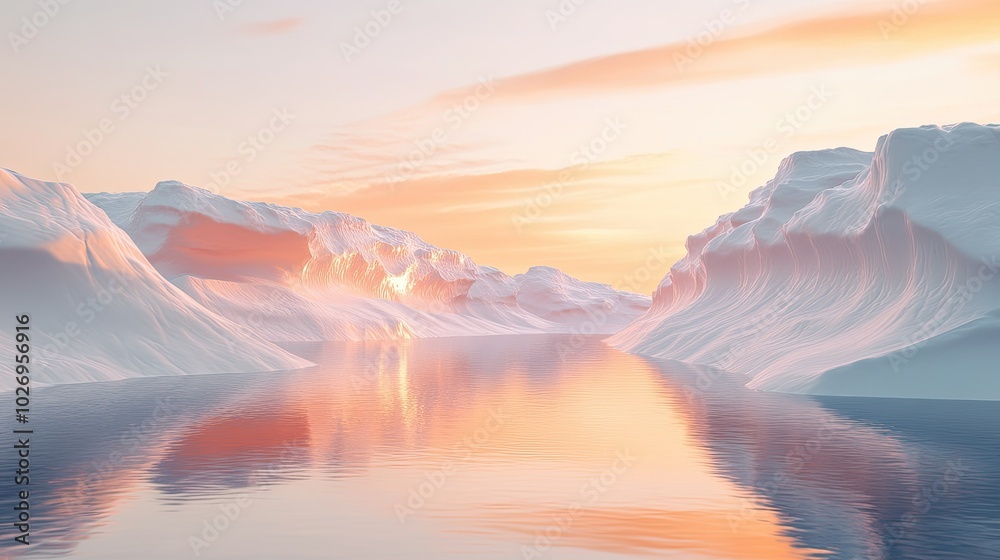 A futuristic, abstract 3D render of cliffs and water reflecting the soft orange light of a serene sunset. A futuristic, abstract 3D render of cliffs and water reflecting the soft orange light of a serene sunset.