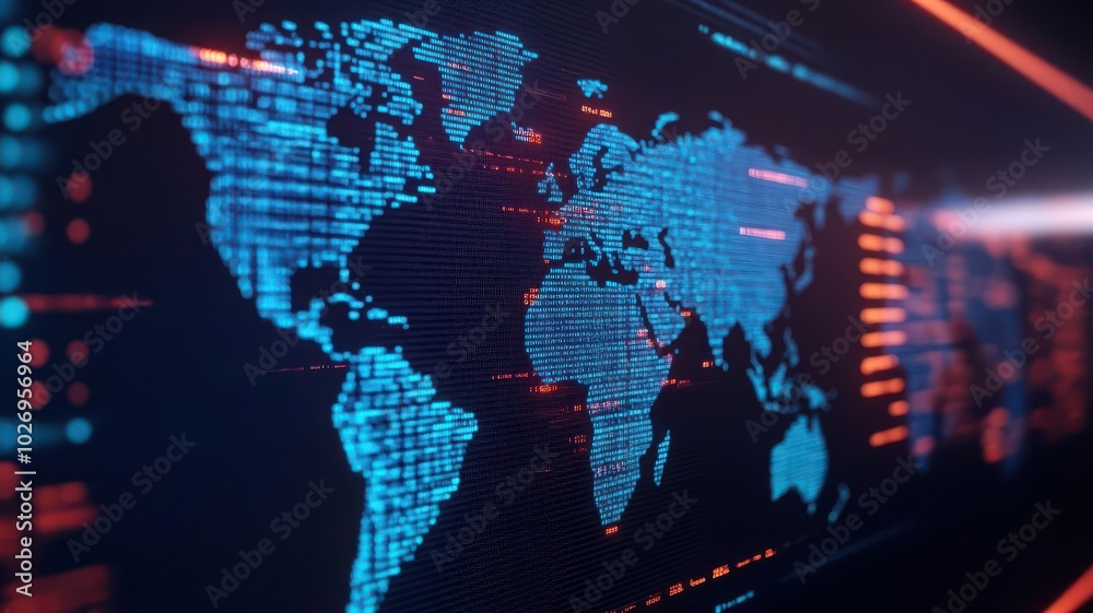 A group of executives reviewing a massive holographic world map with business trends and analytics, surrounded by glowing data streams, 3D, futuristic corporate style A group of executives reviewing a massive holographic world map with business trends and analytics, surrounded by glowing data streams, 3D, futuristic corporate style
