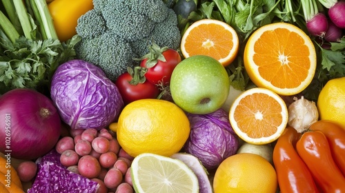 Wallpaper Mural Close-up of vibrant fresh vegetables and fruits on wooden table, symbolizing healthy blood pressure foods, emphasizing natural nutrition and wellness. Torontodigital.ca