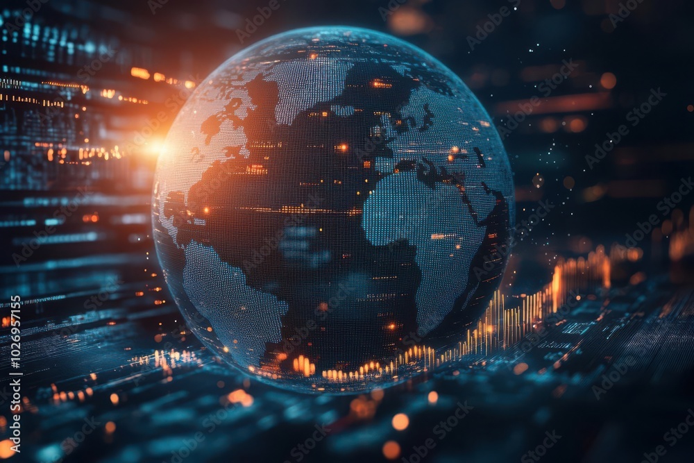 Abstract globe with financial markets and data streams, economic globalization, business relations Abstract globe with financial markets and data streams, economic globalization, business relations
