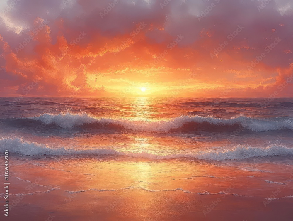a tranquil beach scene at sunset, the sky painted in warm hues of orange and pink, reflecting on gentle waves, evoking serenity and relaxation in a coastal paradise