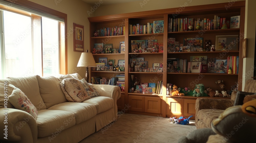 Cozy living room with a bookshelf filled with toys and books, inviting relaxation and leisure. Cozy living room with a bookshelf filled with toys and books, inviting relaxation and leisure.