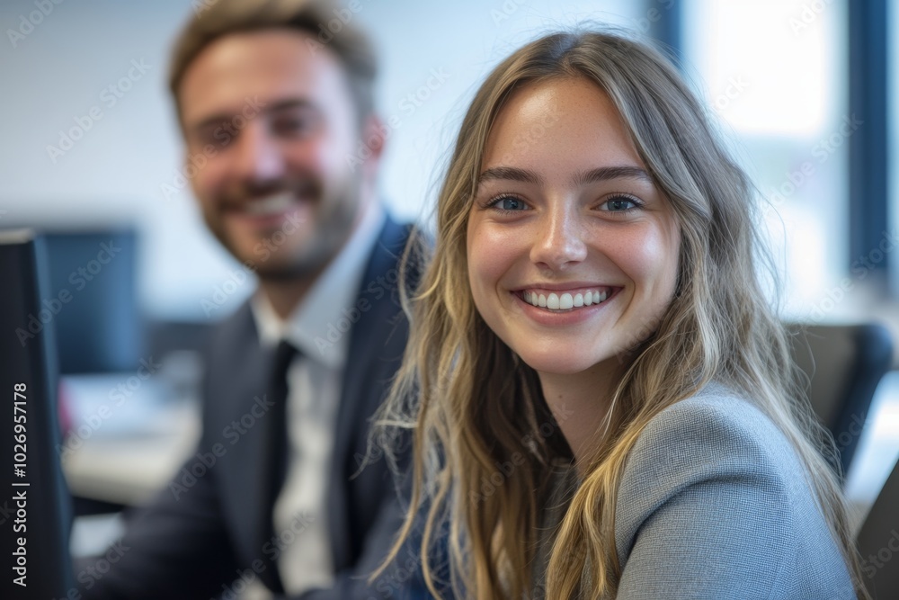 A young woman smiles at the camera, with a man behind her, in a professional setting. A young woman smiles at the camera, with a man behind her, in a professional setting.
