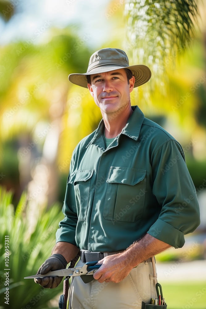 Fototapeta premium Skilled Male Landscaper in Green Attire Working Outdoors in the Garden