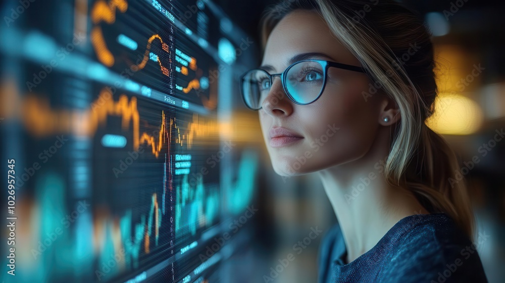 Businesswoman reviewing digital financial analytics with investment growth charts, business investing, financial planning Businesswoman reviewing digital financial analytics with investment growth charts, business investing, financial planning