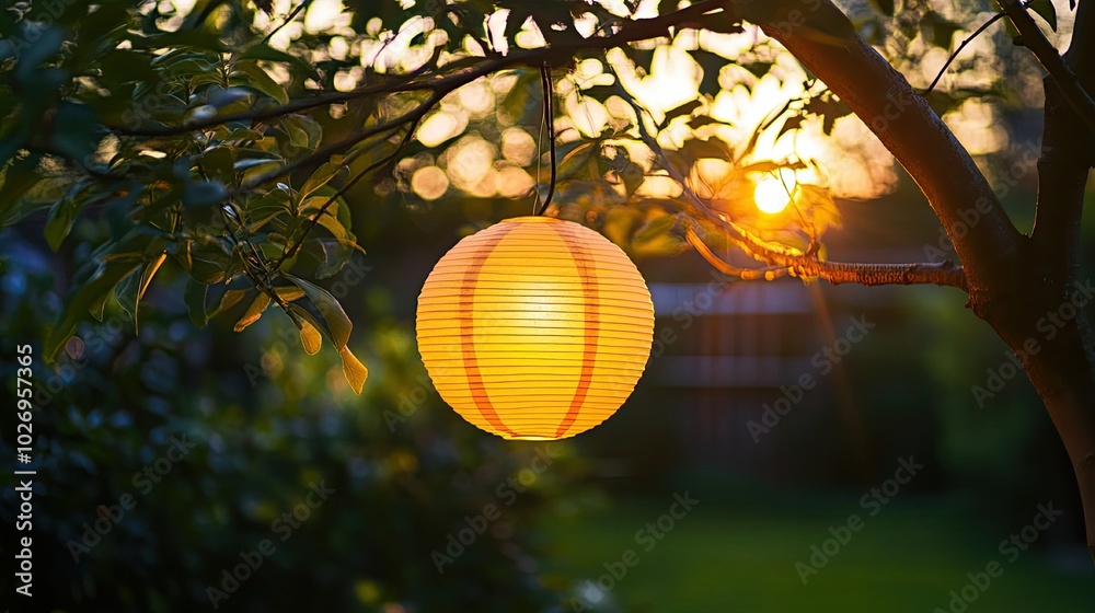 Obraz premium A glowing yellow lantern hanging from a tree branch during a garden party, providing soft illumination as the sun sets.