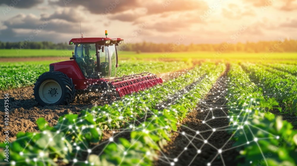 Agricultural robot with AI and machine learning capabilities collecting and interpreting crop data. Agricultural robot with AI and machine learning capabilities collecting and interpreting crop data.