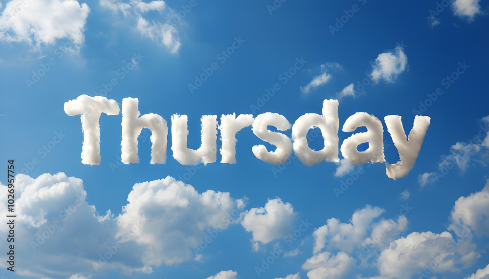 Fototapeta premium 'Thursday' text made with clouds for wallpaper or calendar background design, floating in a vibrant blue sky with fluffy white clouds