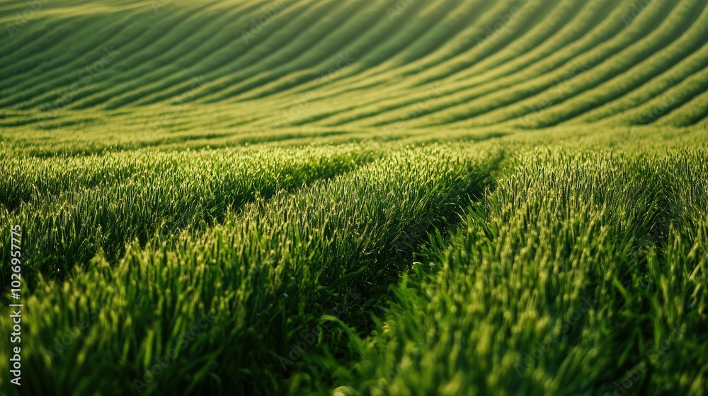 Obraz premium A green agricultural field stretching into the distance, the neat rows of crops showcasing sustainable farming and growth.