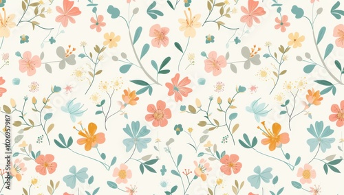 Vintage floral pattern illustration. Colorful organic nature design in seamless style. Spring season decoration with abstract flower art.