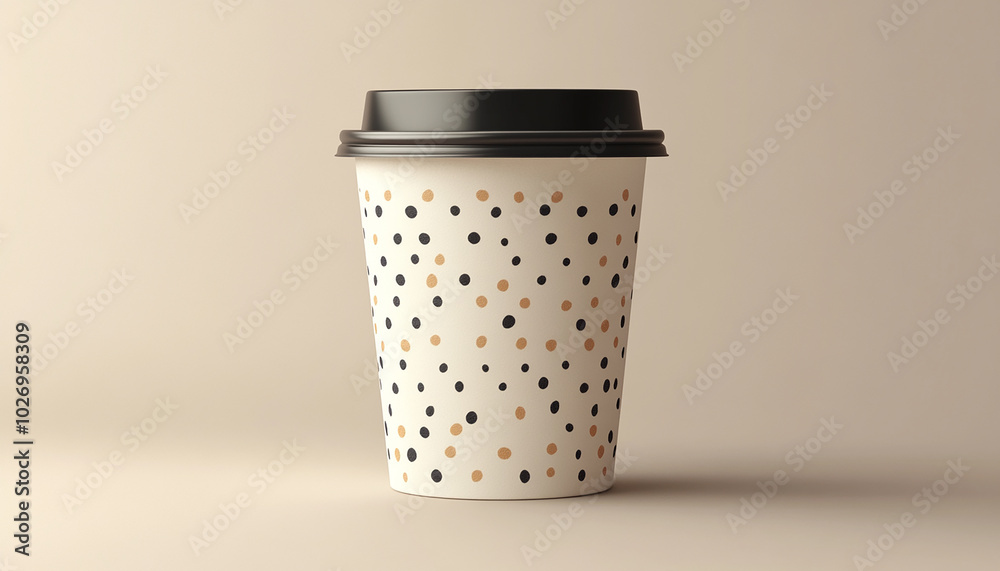 A single disposable coffee cup with a black lid, featuring a repeating pattern of black and brown dots on a white background, isolated against a pale background. A single disposable coffee cup with a black lid, featuring a repeating pattern of black and brown dots on a white background, isolated against a pale background.