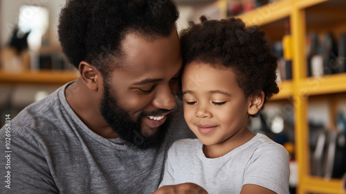 A father with his young son in a hardware store, shopping for tools and supplies. The father is explaining how to choose the right tool, while the boy watches attentively. The stor photo