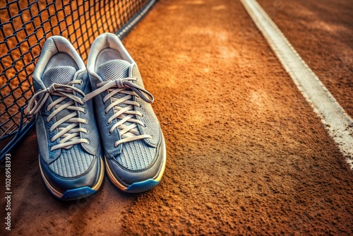 Blue tennis shoes resting on clay court before upcoming match