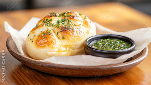 Savory bun with herb infused butter melting over it, served with flavorful dipping sauce. This delicious dish is perfect for sharing or enjoying alone photo