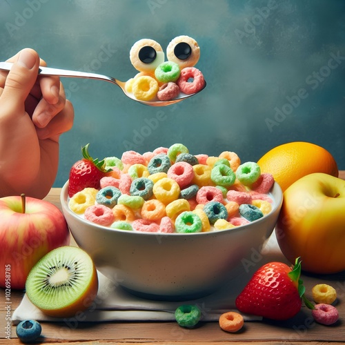 Delicious and nutritious fruit cereal loops flavorful, healthy and funny addition to kids breakfa. photo