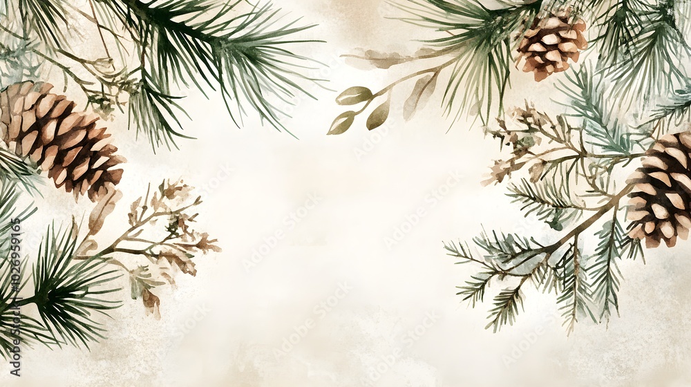 Naklejka premium Soft watercolor illustration of pine branches and pinecones, featuring subtle green and brown hues, with an airy, open arrangement on a light background for a tranquil feel 