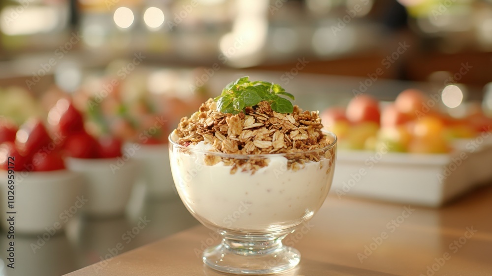 Close-up of a glass bowl of yogurt and granola with bowls of fruit in the background, a healthy and delicious breakfast setup. Close-up of a glass bowl of yogurt and granola with bowls of fruit in the background, a healthy and delicious breakfast setup.