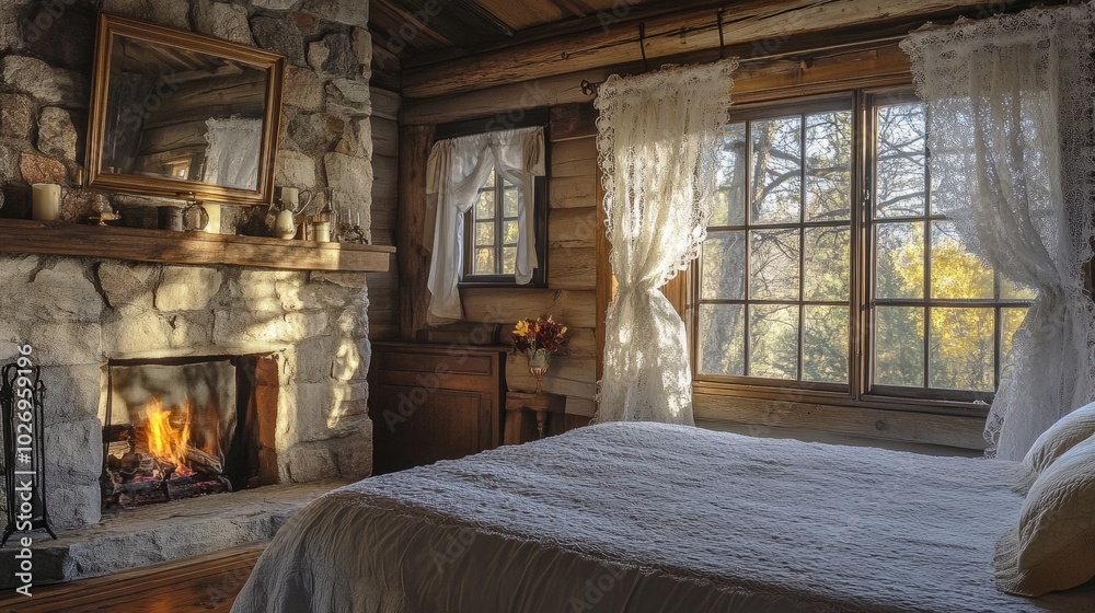 Rustic bedroom with a stone fireplace, lace curtains, and a sunlit mirror on the mantelpiece. Rustic bedroom with a stone fireplace, lace curtains, and a sunlit mirror on the mantelpiece.