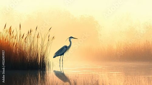 A heron standing in a marsh at dawn, surrounded by tall grasses and mist photo