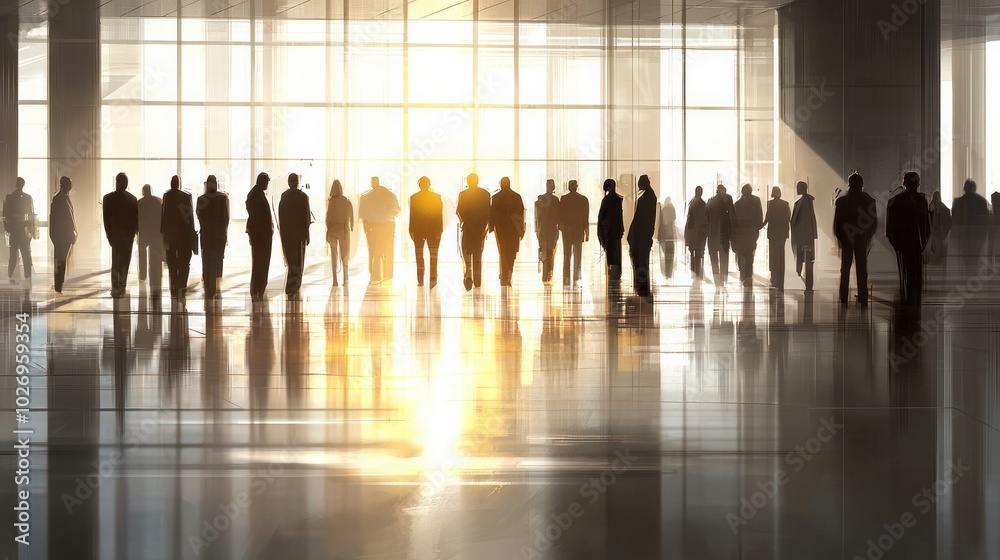 Silhouetted figures stand in a sunlit space, creating a dramatic effect of light and shadow in a modern environment.
