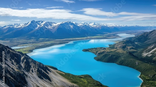 A high-altitude view of a glacial lake with vibrant blue waters, surrounded by snow-capped mountains and green valleys.