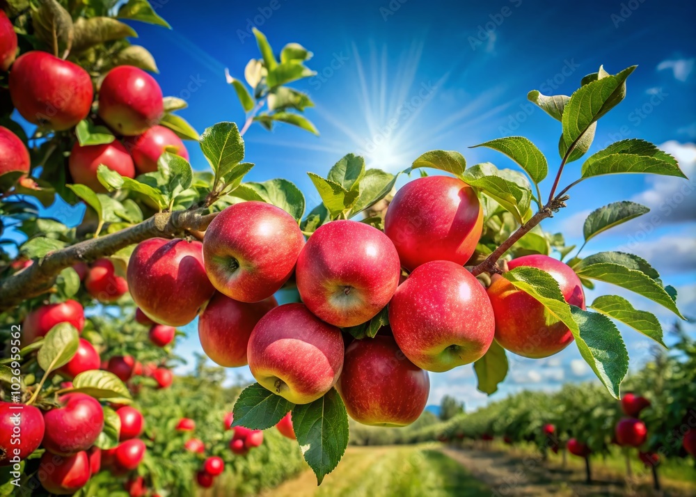 Lush Orchard Branch with Vibrant Red Apples in Panoramic View for Stunning Nature Imagery