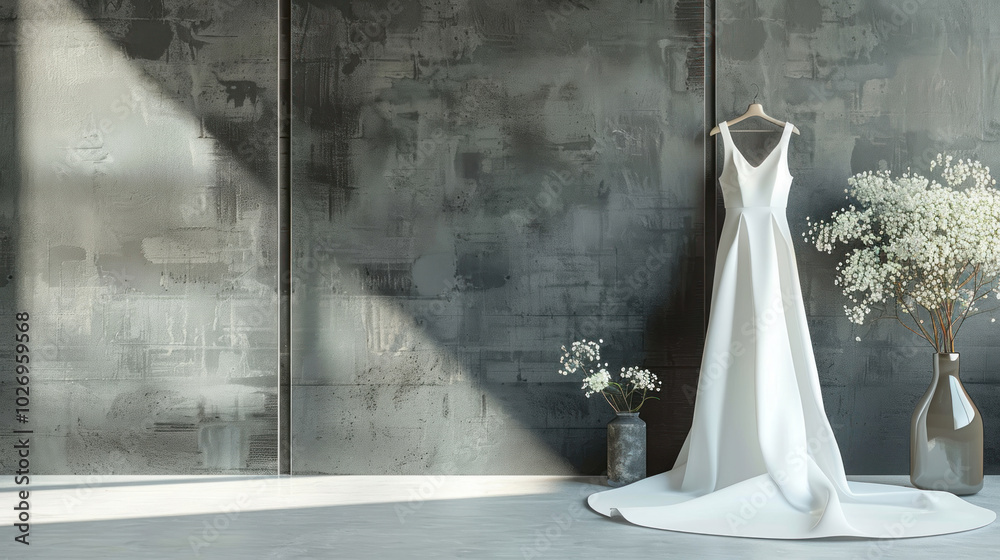 A simple, minimalist wedding dress with clean lines and a sleek silhouette, displayed against a modern backdrop.