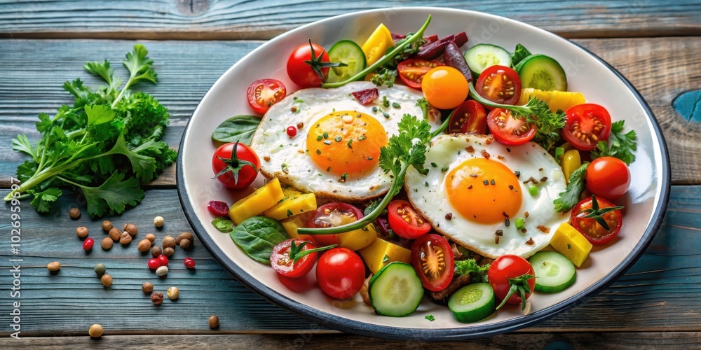 Fried eggs with a colorful mix of vegetables on a plate, breakfast, healthy, nutritious, meal, protein Fried eggs with a colorful mix of vegetables on a plate, breakfast, healthy, nutritious, meal, protein